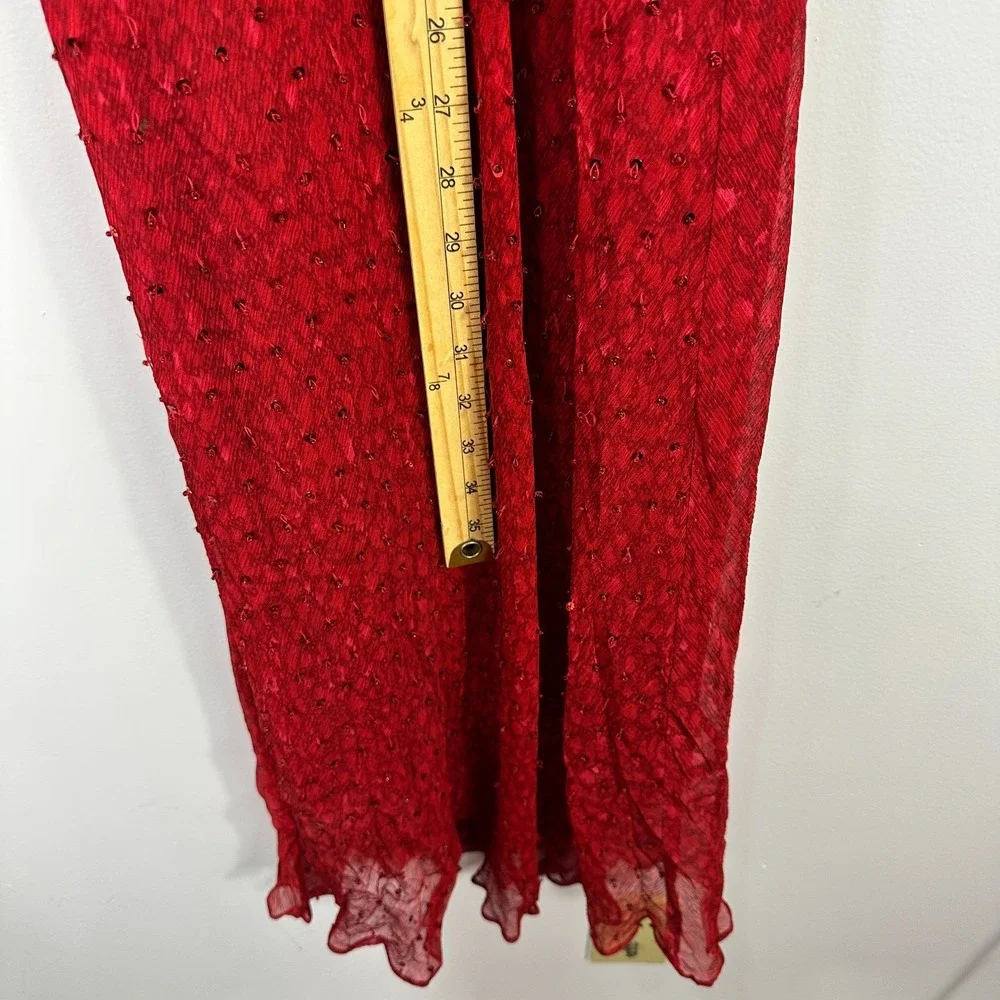 Vision‎ Apparel Dress 6 Red Silk Sequin Sheer Sleeve Midi Gown Y2K Vintage Glam
